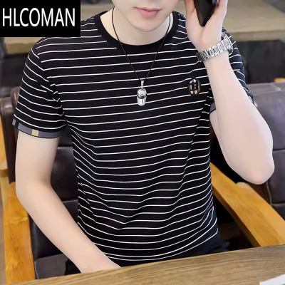 HLCOMAN2024新款短袖t恤男夏季条纹冰丝半袖冰感休闲帅气打底衫
