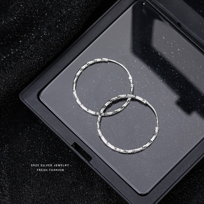s925纯银棱面大耳圈女韩系个性小众气质夸张设计圆环耳扣耳环批发送女朋友老婆情人节七夕生日礼物