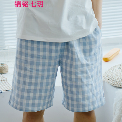 锦铭七玥春夏情侣居裤男款短裤纱布格子睡裤男士沙滩裤休闲裤
