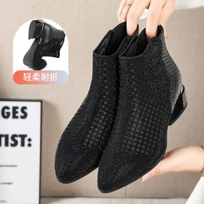 烫钻网纱凉靴2026新款女镂空洞洞凉靴复古粗跟凉鞋中跟时尚女靴_95