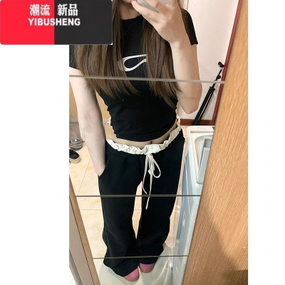 YIBUSHENG国潮牌拼接撞色高腰冰丝休闲裤女季宽松阔腿设计感别致百搭长裤