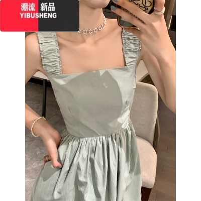 YIBUSHENG背带连衣裙女季2024新款韩系chic中长款收腰显瘦褶皱气质A字裙