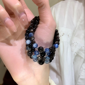 天然黑曜石海蓝宝水晶手串女款高级感适合夏天的手链高颜值学生党送女朋友老婆情人节七夕生日礼物
