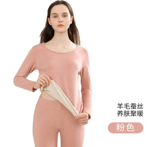 秋冬款德绒蚕丝羊毛保暖内衣女套装加绒加厚双面磨毛秋衣秋裤男士