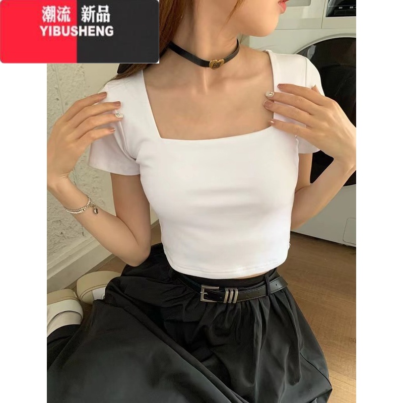 YIBUSHENG港风复古红色方领修身上衣短袖女季设计感小众正肩锁骨辣妹T恤
