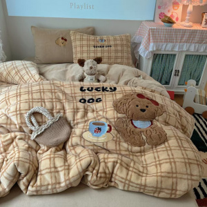 冬季加厚牛奶绒贴布绣床上四件套双面珊瑚绒被罩床单三件套床笠4