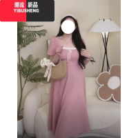 YIBUSHENG大码女装季2024新款微胖妹妹mm短袖裙子显瘦方领绑带拼色连衣裙