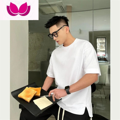 七斓2023年青年男士潮流百搭净版T恤休闲纯色短袖下摆圆弧开叉半袖t衫