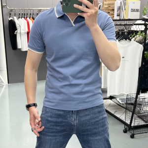 高级感桑蚕丝v领T恤男短袖夏季休闲修身潮流冰丝薄款翻领polo衫男