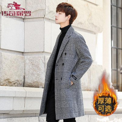 传奇保罗（CHUANQIBAOLUO）格子风衣男韩版潮流英伦风毛呢大衣秋冬季加棉加厚中长款妮子外套