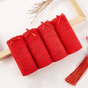 女士内裤本命年鸿运结婚棉中高腰蕾丝三角短裤
