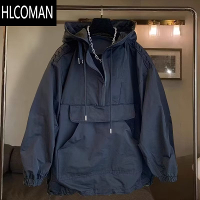 HLCOMAN潮牌机能风卫衣男款加绒美式半拉链宽松连帽工装外套