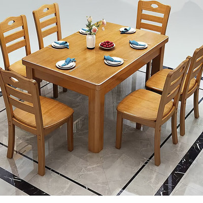 圣德列 1.45*0.8米 实木餐桌椅组合 长方形木质食堂家用 含玻璃含桌布