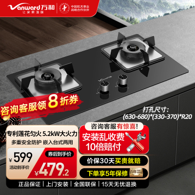 万和 燃气灶5.2kW大火力一级能效玻璃嵌入式台式两用灶具 易清洁灶具JZT-B9L50(天然气)