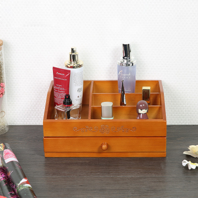 化妆品收纳盒实木桌面护肤品置物架木制梳妆台收纳置物架实木带抽屉整理架原木色两层化妆盒