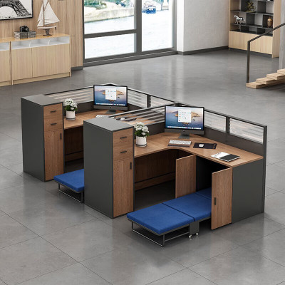 域赢屏风办公桌职员位电脑桌财务桌隔断卡座含折叠午休床7字型2人位