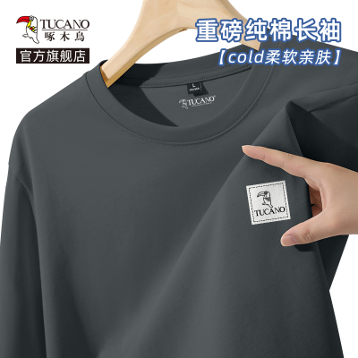 啄木鸟重磅纯棉长袖男春秋款潮牌大码圆领t恤男士宽松内搭打底衫Y