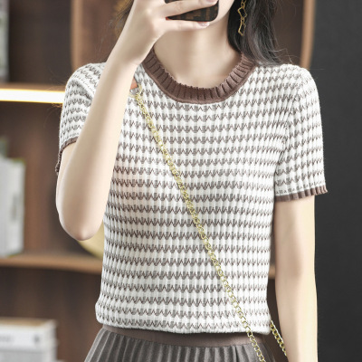 棉线短袖T恤春夏新款时尚洋气波浪纹条纹拼色棉麻半袖女上衣