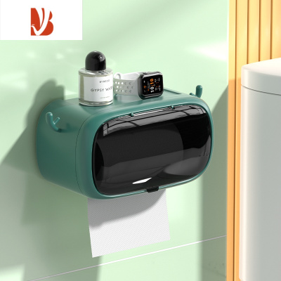 三维工匠卫生间纸巾盒壁挂式防水厕纸盒免打孔抽纸盒厕所卫生纸卷纸置物架 深绿色+不锈钢卷轴+3组可变换耳朵