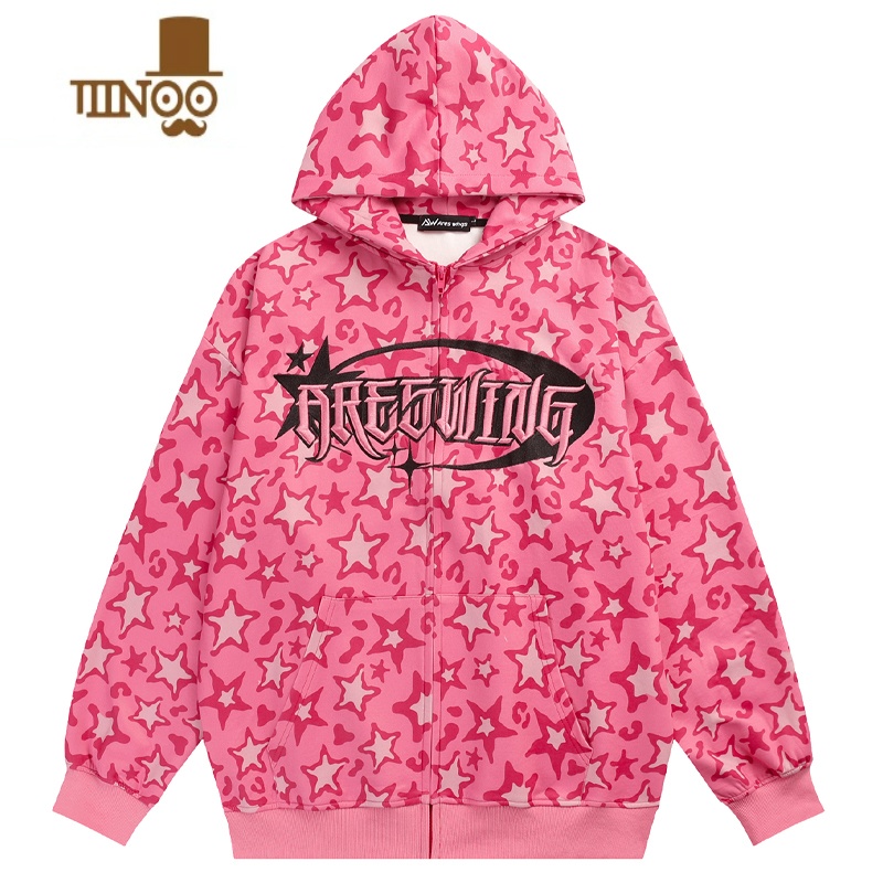 YANXUWUiU美式高街星星迷彩拉链连帽卫衣男女国潮宽松百搭粉色情侣外套