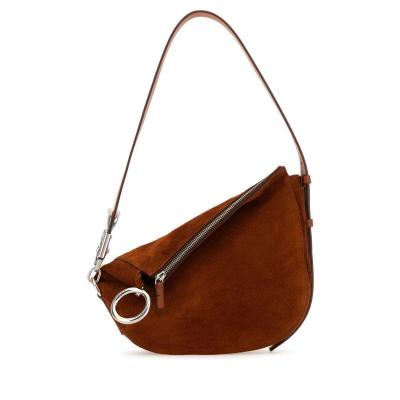 博柏利(BURBERRY)意大利工艺女款真皮拼接手提斜挎包棕色商务通勤