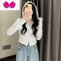 七斓别致独特连帽长袖上衣女春季新款时尚洋气双拉链短款内搭打底T恤