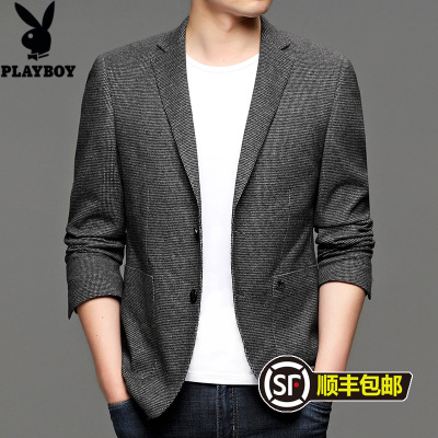 花花公子(PLAYBOY)春秋季新款男士薄款时尚英伦风西服单件上衣中青年休闲小西装帅气修身潮款百搭上班穿单西外套