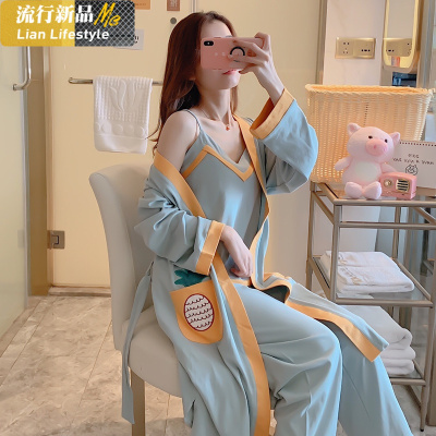 恋名媛睡袍女春秋冬季棉长袖款性感甜美可爱少女棉薄款睡衣三件套装睡衣