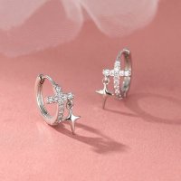 s925银针十字架星芒耳扣女小众设计感美式新潮耳圈耳环冷淡风耳饰送女朋友老婆情人节七夕生日礼物