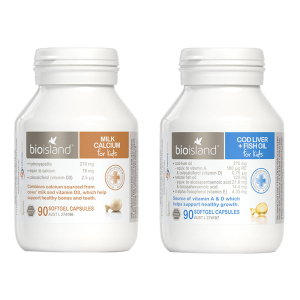 2件装 | 佰澳朗德(Bio Island)婴幼儿童液体钙乳钙胶囊1瓶+婴幼儿童鱼肝油鱼油1瓶香港保税随机发
