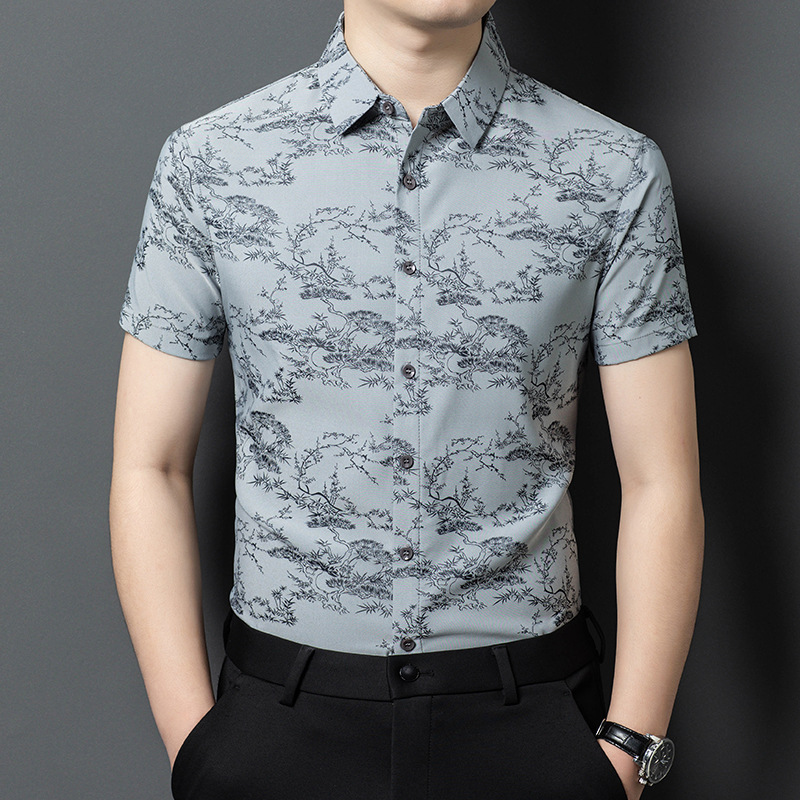 2025男士印花休闲免烫潮流花衬衫中青年新款夏季短袖中国水墨画风