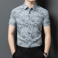 2025男士印花休闲免烫潮流花衬衫中青年新款夏季短袖中国水墨画风