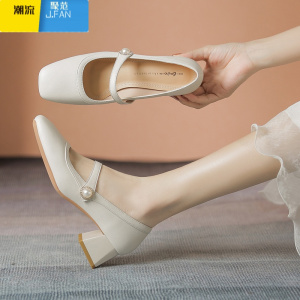 聚范一字带玛丽珍鞋女2024早春新款粗跟浅口单鞋女复古旗袍汉服高跟鞋