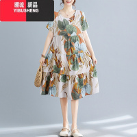 YIBUSHENG季碎花圆领套头棉绸连衣裙女中长款大码胖MM宽松遮肉显瘦民族风