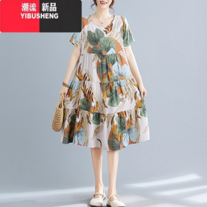 YIBUSHENG季碎花圆领套头棉绸连衣裙女中长款大码胖MM宽松遮肉显瘦民族风