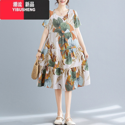 YIBUSHENG季碎花圆领套头棉绸连衣裙女中长款大码胖MM宽松遮肉显瘦民族风