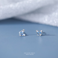 s999足银蓝色蝴蝶耳钉女简约小巧小清新气质耳骨钉森系可爱耳饰品送女朋友老婆情人节七夕生日礼物