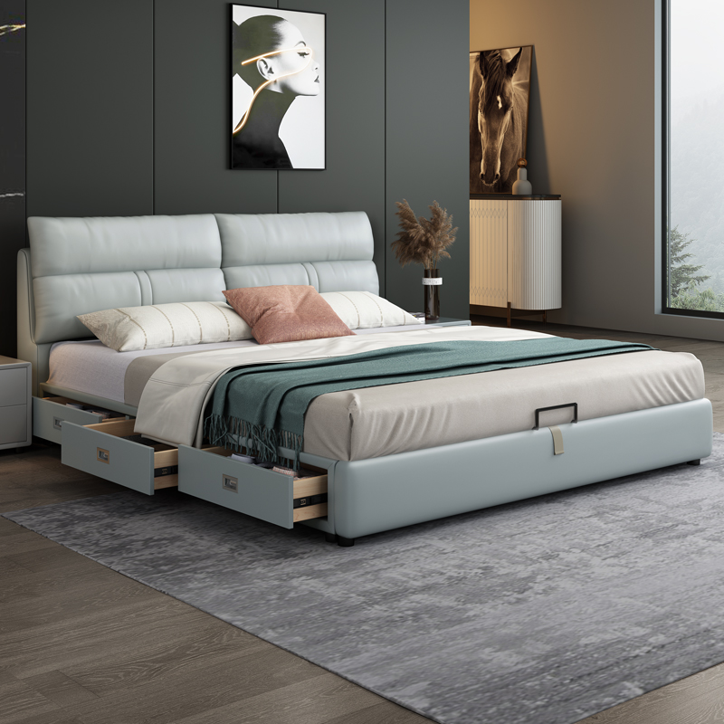 意式真皮床轻奢现代简约双人床主卧室软包储物床小户型家用皮艺床