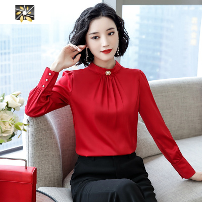 暖青汇2020年春秋新款雪纺女洋气红色衬衫上衣长袖时尚加绒打底气质衬衣蕾丝衫