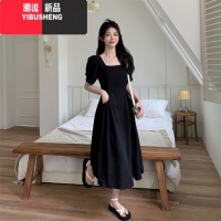 YIBUSHENG大码胖mm季收腰显瘦方领连衣裙女法式气质遮肚泡泡袖A字长裙子