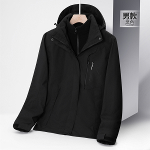 渔人船长大码情侣款冲锋衣男女三合一防风保暖可拆卸拼色两件套登山服外套 男黑色 XL