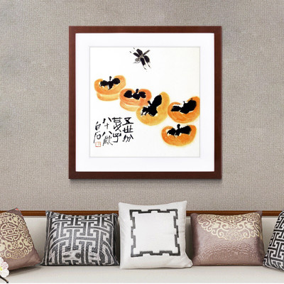 舒厅新中式餐厅水果装饰画齐白石饭厅歺厅卧室玄关壁画国画水墨画客厅沙发背景墙挂画现代简约有框画事事如意60*60cm