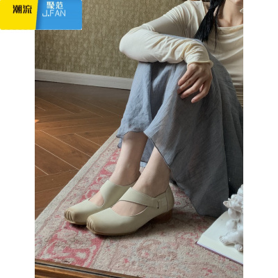 聚范 新品小众擦色百搭芭蕾舞鞋高跟手工猪头鞋复古玛丽珍单鞋女