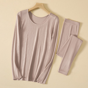 新款德绒保暖内衣女轻薄款圆领修身螺纹发热秋衣秋裤女士套装