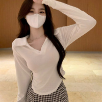 春夏长袖T恤女显瘦打底衫翻领内搭打底衫修身显瘦不规则短款上衣