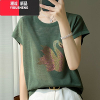 YIBUSHENG竹节麻短袖T恤女2024季新款烫钻棉麻上衣宽松显瘦薄款针织打底