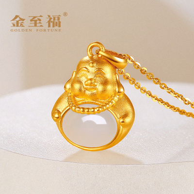 金至福金吊坠女金镶玉坠子弥勒佛和田玉纯金999足金憨憨佛生日送女友和田玉佛吊坠默认尺寸