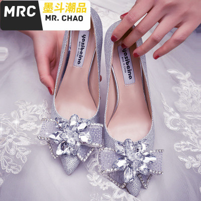 婚鞋女水晶鞋蝴蝶结高跟春季新款银色单鞋女新娘鞋婚纱鞋细跟墨斗潮品休闲鞋