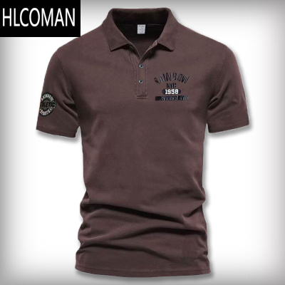 HLCOMAN夏季新款美式衫翻领短袖T恤刺绣复古时尚休闲上衣男