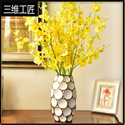现代轻奢花瓶摆件客厅插花北欧美式网红陶瓷干花装饰餐桌仿真花艺三维工匠珍珠白高款（黄色绢布跳舞兰套装）